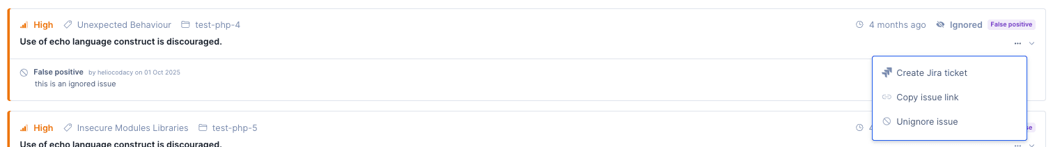 Security and risk management finding unignore